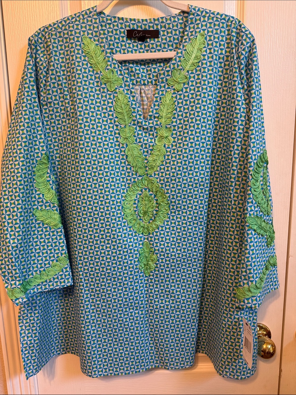 C. Wonder Blue Geo-Print Tunic with Lime Embroidery